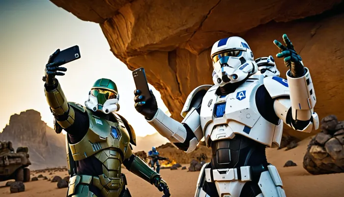 photo of A Warhammer 40K Ultra Marine wearing his full armor taking a selfie with the instagram caption “Look who I found” as he stands next to Master Chief from Halo who’s throwing up the hang ten, and a Clone Trooper giving the rock on hand gesture. Setting is a war torn planet .