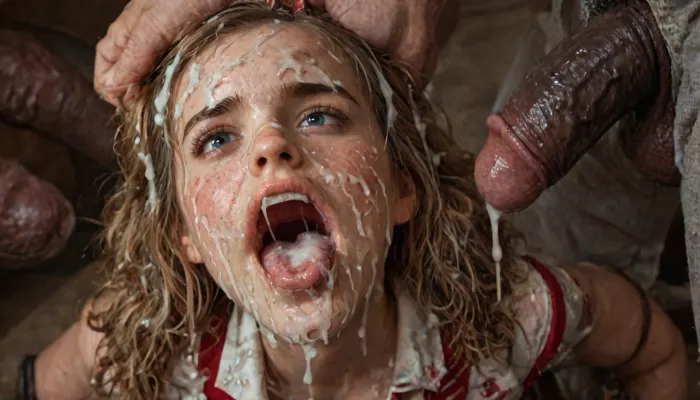 (detail Hermione Granger face), realistic cum, (cum on clothes), cum on, (Cum flows:1), (cum on body), cum on hair, (cum on face), bukkake, ((Clothes and body covered with semen)), (mouth wide open:1.4), (mouth filled with cum:1.5), beautiful face, (cum on hair:1.3), young adult woman, (detail thick white cum on hair), (detail thick white cum on face), (huge dick), (creamy deep deepthroat:1.1), (extreme oral sex:1.4), (huge massive white dick:1.4), (cum), (hands holding hair), close up, detailed and infocus face, extreme details, (volumetric lighting), (maximum quality:1.5), (high resolution:1.5), (maximum detailed:1.5), cum explosion from mouth, cum explosion from nose, wide eyes, throat bulge, puffy cheeks, thick cum, holding her head with both hands, photorealistic, anatomically right, man holding the back her head, sad, sad crying, tongue out, brutal face fuck, Blowjob, hard nipples, (five Black skin hyper large muscular men), (5 very large and hyper thick black cocks), (monster black cock:1.6), sweaty, steamy, detailed face, embarrassed expression, shy, blushing, looking at viewer, almost naked, hourglass waistline, perfect anatomic body, ass up, anal spitroast, gagging on cock, random pose, random view angle, ((hogtied, bound for sex, tied up)), (((hyper gigantic large black cock in mouth:1.3))), cum drips from nose, cum drips from mouth, (pulled nipples:1.2), nipple clamps, spitroast, hair grab, holding head, deepthroat, (((hyper large cock in mouth:1.3))), oral cream pie, screaming, shocked, tearful, deep anal penetration, (pigtails:1.3), cum explosion, post orgasm, last orgasm, shot from below, Uber realistic, 8k, ultra detailed, masterpiece, arched back, detailxl, 35mm photograph, film, professional, 4k, 1girl, 5 boys, hdr, photographic, ultra realistic, ultra high details, back light, (front view), (dynamic pose), best quality, incredible body, anal sex, with large muscular black men, gargantuan black cocks, anal sex expansion, ravenous hyper sex, large hyper muscular black men, interracial gangbang, (interracial sex), swollen black veiny cocks, (double anal penetration), hardcore double penetration, proper physics, big black cocks, muscular black interracial gangbang, (forceful penetrations), extremely graphic, shocked expression, beautiful hands, massive cum in ass detailed background, dynamic angle, volumetric lighting, highly detailed, golden hour lighting, dramatic shadows, rich details, nature-inspired color palette, (eyes wide open in horror:1.24), (wide mouth spreader:1.5), (pleading expression:1.18), (terrified:1.12), (crying:1.2), (fear and panic:1.18), UHD 8K, (full body photograph:1.1), Hermione_Granger, <lora:Hermione_Granger:2>, <lora:detailed_notrigger:2>, <lora:LCMTurboMix_Euler_A_fix:2>, <lora:JuggerCineXL2:2>