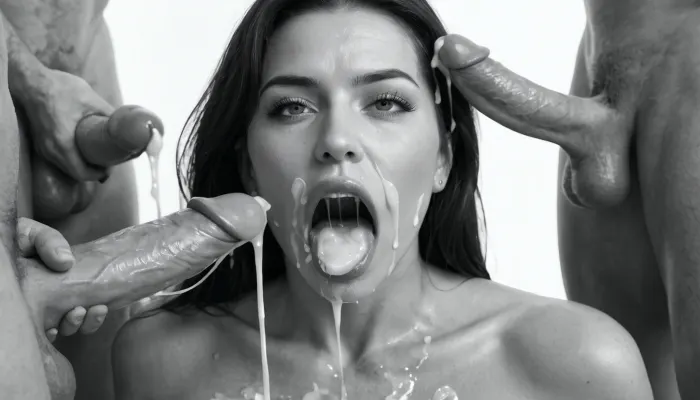 (milf:1.2), (black&white:1.9), white background, white room, close-up of a white man's 18 inch penis, hard-on, big testicles, the white man is sitting with his back to the wall, masturbating, he is shooting a cumshot on the face of a naked busty white woman, topless, gorgeous, (milf:1.1), (extremely long smooth black hair:1.5), (wide_hips:1.5), (Massive ass:1.1), (massive breasts:1), thin waist, the white woman is wearing shimmering shiny glossy black pantyhose with open crotch, The white woman is laying on her back, (gaping mouth:1.2), (realistic excessive thick runny cum all over her face and body), licking the dickhead of the whiten man's penis, mouthfull of cum, excessive cum dripping out of her open mouth, nose full of cum, mouth full of cum, lots of very thick cum, loads of cum, woman, on, face, excessive bukkake, cum, facialized, superfacialized, surrounded by dicks, 2+ men.