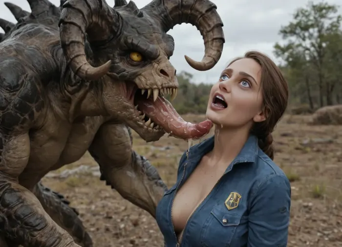 Lucy is dressed in a Vault 111 jumpsuit, is getting aggressively fucked by a massive green Deathclaw out in the Capital Wastes, Interspecies, Deathclaw, Fallout, lizard penis, mutant male, monster sex, zoophilia, detailed faces detailed eyes, detailed mouth, detailed pupils, detailed teeth, HD, ultra detailed, outdoors, torn suit, grinning female, eyes rolled back, gloomy setting, capital wasteland setting, perfect eyes, cumflation