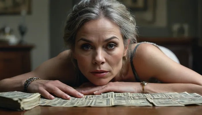 In a cozy, romantically lit room, (a stunning 55-year-old woman is positioned on all fours. The focus is on a close up of her beautifully detailed face:1.2), (her mouth is slightly open:1.3), (filled with intricately rendered US dollar bills:1.7), (while being fucked from behind:1.3), Focus on a highly detailed, photorealistic depiction of a 55-year-old woman’s face, with her mouth slightly open. Inside her mouth, intricately rendered US dollar bills are placed, their details clearly visible. The bills should be arranged naturally, filling her mouth and slightly spilling over her lips. Each bill is depicted in high resolution, showcasing the intricate patterns, serial numbers, and textures of the currency, (the background remains softly blurred ensuring that all attention is on her expression:1.2), (a much blurred man is fucking her from behind:1.5), Black, and, white, art, black, shading, charcoal, toned, brutal, dark, b/w, color, scheme, <lora:Black and white art.V1:.6>, <lora:MJ52:.3>, <lora:Portrait_perfection:.4>