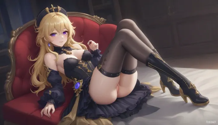 Adult, full-length girl, beautiful, fluffy dress, black steampunk style costume with yellow elements, gothic style dress, Navia from the game Genshin Impact, (long yellow hair), purple eyes, happy smile, 1 girl, bare breasts, pussy visible from under the dress, looking at viewer, shiny skin, blush, bangs, woman, _jbright__, (genshin, impact), solo, navia, (genshin, impact/), jewelry, black thigh-high stockings, black studded thigh-high boots, <lora:Navia_XL_LoRA:2>