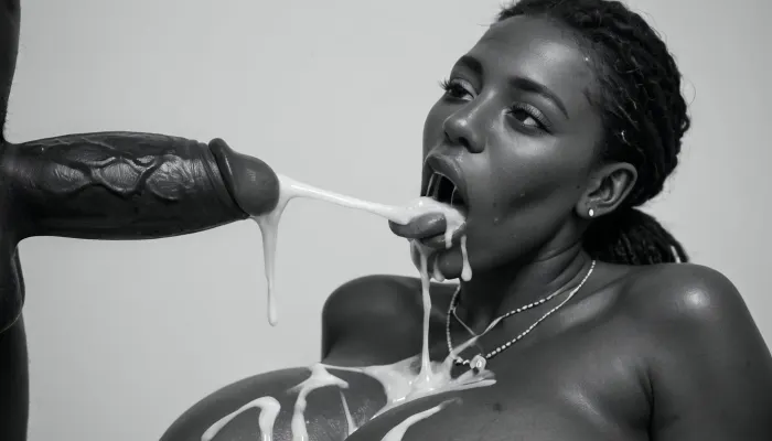 (milf:1.2), (black&white:1.9), white background, white room, close-up of a black african man's 18 inch penis, hard-on, big testicles, the white man is sitting with his back to the wall, masturbating, he is shooting a cumshot on the face of a naked busty black african woman, topless, gorgeous, (milf:1.1), (extremely long smooth black hair:1.5), (wide_hips:1.5), (Massive ass:1.1), (massive breasts:1), thin waist, the black african woman is wearing shimmering shiny glossy white pantyhose with open crotch, The black african woman is laying on her back, (gaping mouth:1.2), (realistic excessive thick runny cum all over her face and body), licking the dickhead of the black african man's penis, mouthfull of cum, excessive cum dripping out of her open mouth, nose full of cum, mouth full of cum, lots of very thick cum, loads of cum, woman, on, face, excessive bukkake, cum, facialized, superfacialized, surrounded by dicksa masturbating, 2+ men.