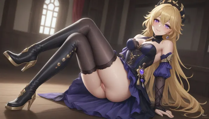Adult, full-length girl, beautiful, fluffy dress, black steampunk style costume with yellow elements, gothic style dress, Navia from the game Genshin Impact, (long yellow hair), purple eyes, happy smile, 1 girl, bare breasts, pussy visible from under the dress, looking at viewer, shiny skin, blush, bangs, woman, _jbright__, (genshin, impact), solo, navia, (genshin, impact/), jewelry, black thigh-high stockings, black studded thigh-high boots, <lora:Navia_XL_LoRA:2>