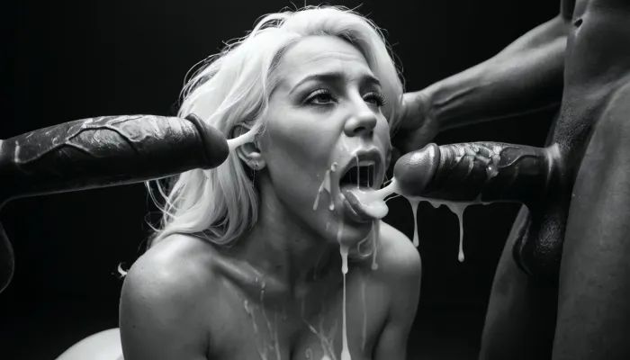 (milf:1.2), (black&white:1.9), black background, black room, close-up of a black african man's 18 inch penis, hard-on, big testicles, the white man is sitting with his back to the wall, masturbating, he is shooting a cumshot on the face of a naked busty black african woman, topless, gorgeous, (milf:1.1), (extremely long smooth white hair:1.5), (wide_hips:1.5), (Massive ass:1.1), (massive breasts:1), thin waist, the black african woman is wearing shimmering shiny glossy white pantyhose with open crotch, The black african woman is laying on her back, (gaping mouth:1.2), (realistic excessive thick runny cum all over her face and body), licking the dickhead of the black african man's penis, mouthfull of cum, excessive cum dripping out of her open mouth, nose full of cum, mouth full of cum, lots of very thick cum, loads of cum, woman, on, face, excessive bukkake, cum, facialized, superfacialized, surrounded by dicksa masturbating, 2+ men.