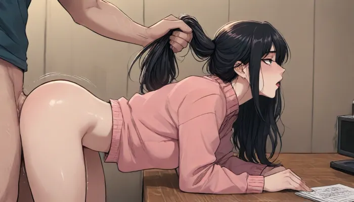 ((Melkor mancin style)), reiq mix markgavatino style, masterpiece, 1girls ai_generated 1girls ai_generated artist_name, (8k resolution, ultra-detailed), (long black wavy black hair), ponytail, (big tits:1), pulling hair, (wearing a pink sweater), bent over a table, simple background, orgasm face, side view, having sex, vaginal, (dynamic motion, motion blur), high contrast Perfect lighting, Score_up 9, ratatatat74, manhwa, maiden, <lora:LCMTurboMix_Euler_A_fix:.6>, <lora:ratatatat74-000050:.6>, <lora:dall-ebing_manhwa_style:2>, <lora:Maiden_in_law_manhwa_style:1.8>, <lora:mk_Bp Anime_xl:.8>