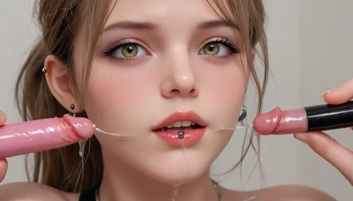 Photorealistic, high resolution, professional photography, Miranda squats, surrounded by lipsticks and sex toys, (I'm 19 years old and I exposed my favorite pussy with a clitoris by applying lipstick to my clitoris), licks off the dripping translucent white liquid, My big pink areolas and puffy nipples are divine, bunny-shaped earrings
long blue eyelashes, hairstyle straight bangs ponytail, olive eye shadow
my labia are purple and my clitoris is pink with piercings, artoflips, uoclips, lips, lipstick, art, of, (clitoral piercing:1.7), (makeup:1.5), ohwx, <lora:Art_Of_Lips_PONY_XL_By_UOC:.8>, <lora:KatyaClover_SDXL_v1.0:1.7>