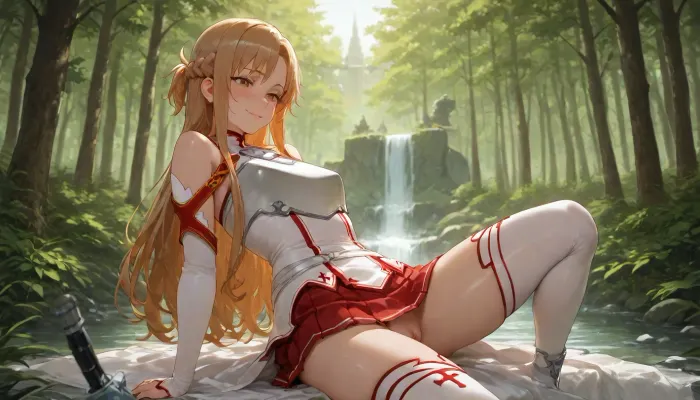 (Asuna Yuuki from Sword Art Online), 25 year old girl, realistic face, smiling, red and white suit, (blonde hair), (slightly curly hair), long hair, light blue eyes, freckles on face, pretty face, very tanned skin, narrow hips, thin waist, side view, vagina visible from under skirt, front view, full-length view, flat chest, areolas, swollen, puffy, very cold nipples, (focus and realistic face:1.2), sex, Asuna, (SAO), forest edge, waterfall, river, forest, floating castle in background, skirt, red skirt, removable gloves, white thigh-high stockings, brown hair, brown eyes, breastplate, solo, pleated skirt, miniskirt, white belt, blonde, hair, brown, eyes, long, <lora:asuna:.1>, <lora:SDXL_Asuna:2>