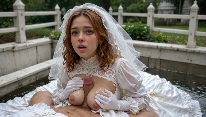Close up of ginger haired freckled curly haired bride wearing stained clothes, latex gloves, turd in hand, wet clothes, shit on face, The setting is a rowing boat with stained wet floor and walls, messy, filthy, wet skin, dripping, titfuck penis, ruanyi0181, outdoors, large brown smears on skin, nipples, pissing penis, pee dripping, saliva, gagging, closeup, white, thighhighs, (long, hair:1.7), hair, on, one, eye, frills, puff, sleeves, (white, bridal, dress, veil:1.5), <lora:Nier_Automata_2B_White_Wedding_Dress_Bride_Cosplay_Realistic_LoRA:.8>, <lora:detailed_notrigger:.8>, <lora:LCMTurboMix_Euler_A_fix:.8>