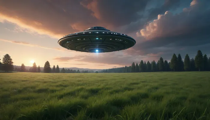 best quality, ultra-detailed, masterpiece, finely detailed, highres, 8k wallpaper, grass field, ((UFO behind in background:1))