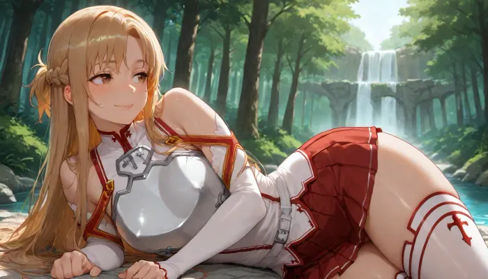 (Asuna Yuuki from Sword Art Online), 25 year old girl, realistic face, smiling, red and white suit, (blonde hair), (slightly curly hair), long hair, light blue eyes, freckles on face, pretty face, very tanned skin, narrow hips, thin waist, side view, vagina visible from under skirt, front view, full-length view, flat chest, areolas, swollen, puffy, very cold nipples, (focus and realistic face:1.2), sex, Asuna, (SAO), forest edge, waterfall, river, forest, floating castle in background, skirt, red skirt, removable gloves, white thigh-high stockings, brown hair, brown eyes, breastplate, solo, pleated skirt, miniskirt, white belt, blonde, hair, brown, eyes, long, <lora:asuna:.1>, <lora:SDXL_Asuna:2>