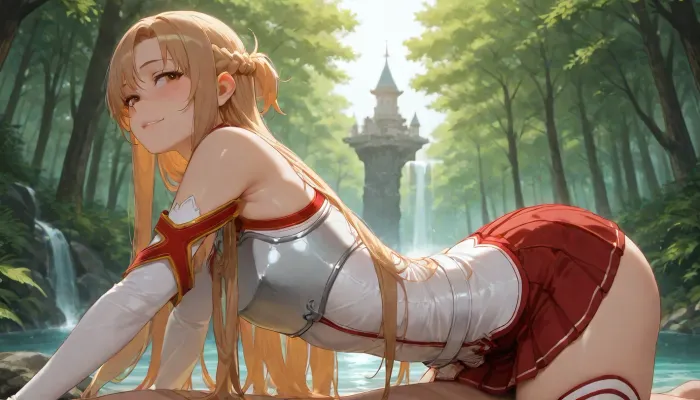 (Asuna Yuuki from Sword Art Online), 35 year old girl, realistic face, smiling, red and white suit, (blonde hair), (slightly curly hair), long hair, light blue eyes, freckles on face, pretty face, very tanned skin, narrow hips, thin waist, side view, vagina visible from under skirt, front view, full-length view, flat chest, areolas, swollen, puffy, very cold nipples, (focus and realistic face:1.2), sex, Asuna, (SAO), forest edge, waterfall, river, forest, floating castle in background, skirt, red skirt, removable gloves, white thigh-high stockings, brown hair, brown eyes, breastplate, solo, pleated skirt, miniskirt, white belt, blonde, hair, brown, eyes, long, <lora:asuna:2>, <lora:SDXL_Asuna:2>