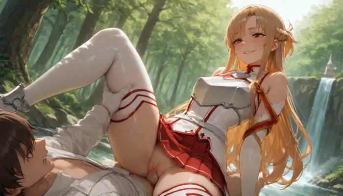 (Asuna Yuuki from Sword Art Online), 35 year old girl, realistic face, smiling, red and white suit, (blonde hair), (slightly curly hair), long hair, light blue eyes, freckles on face, pretty face, very tanned skin, narrow hips, thin waist, side view, vagina visible from under skirt, front view, full-length view, flat chest, areolas, swollen, puffy, very cold nipples, (focus and realistic face:1.2), sex, Asuna, (SAO), forest edge, waterfall, river, forest, floating castle in background, skirt, red skirt, removable gloves, white thigh-high stockings, brown hair, brown eyes, breastplate, solo, pleated skirt, miniskirt, white belt, blonde, hair, brown, eyes, long, <lora:asuna:2>, <lora:SDXL_Asuna:2>
