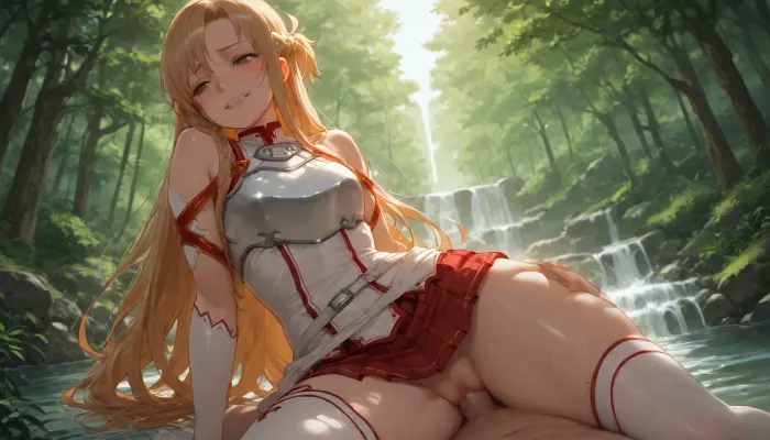 (Asuna Yuuki from Sword Art Online), 35 year old girl, realistic face, smiling, red and white suit, (blonde hair), (slightly curly hair), long hair, light blue eyes, freckles on face, pretty face, very tanned skin, narrow hips, thin waist, side view, vagina visible from under skirt, front view, full-length view, flat chest, areolas, swollen, puffy, very cold nipples, (focus and realistic face:1.2), sex, Asuna, (SAO), forest edge, waterfall, river, forest, floating castle in background, skirt, red skirt, removable gloves, white thigh-high stockings, brown hair, brown eyes, breastplate, solo, pleated skirt, miniskirt, white belt, blonde, hair, brown, eyes, long, <lora:asuna:2>, <lora:SDXL_Asuna:2>