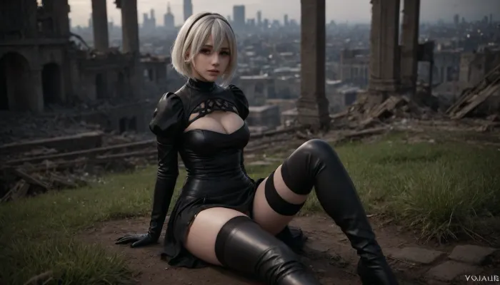 ((2B, YoRHa, NieR, nier automata)), 4K resolution, full-length, sitting, (1 girl), beautiful, cute, pale skin, detailed image, realistic face, smile, slender figure, anime style, subdued lighting, soft light, looking at viewer, ruined city, ruins overgrown with grass, black dress in Gothic style, black thigh-high stockings, long leather thigh-high boots, pussy visible from under the skirt, detailed pussy, anatomical pussy, perfect pussy, <lora:2b_nier_automata:2>