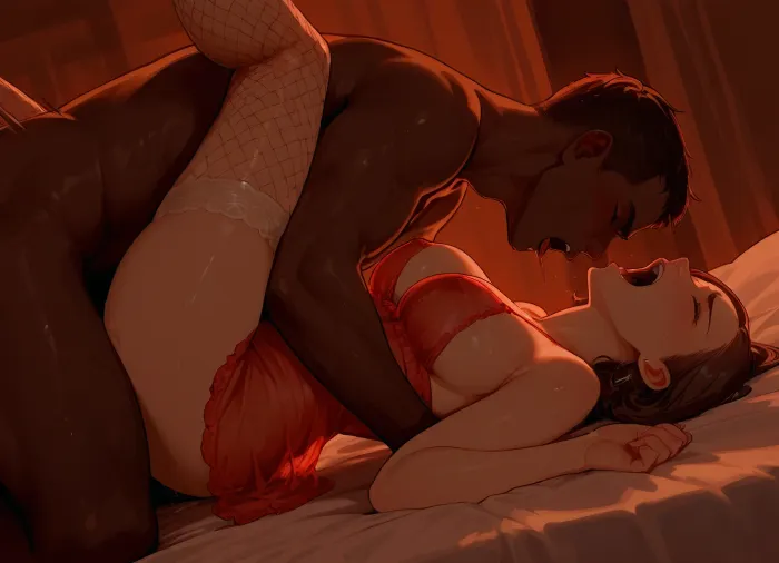 white mature milf fucked by big black man, brunette, vaginal sex, pale skin, (slutty dressed milf:1.3), (interracial:1.2), (big brutal african man:1.2), (screaming in pleasure:1.3), spreading, bimbo, angle, cinematic, heels, side view, fishnet stockings, garter, pleasure, morning light, sexual position, Studio, Ghibli, Style, Ghiblistyle, realistic colors, white background, (negligee:1.4), medium breasts, grabbing her breasts, <lora:Studio Ghibli Style:.8>, <lora:ghibli:.8>