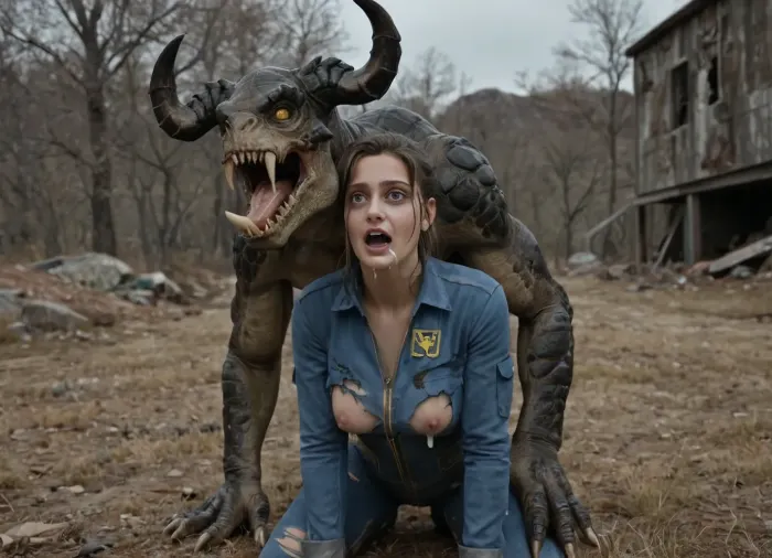 black hair, Lucy is dressed in a Vault 13 jumpsuit is getting cumshot by a massive green Deathclaw out in the Capital Wastes, facial, Interspecies, Deathclaw, Fallout, lizard penis, mutant male, monster sex, zoophilia, detailed faces detailed eyes, detailed mouth, detailed pupils, detailed teeth, HD, ultra detailed, outdoors, torn suit, grinning female, eyes rolled back, gloomy setting, capital wasteland setting, perfect eyes, cumflation