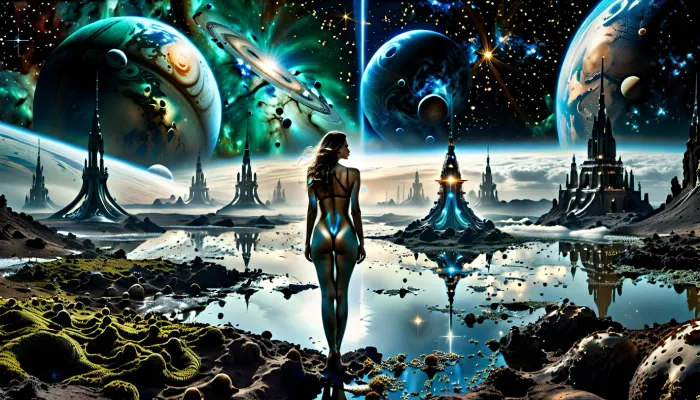 photorealistic, (masterpiece, ultra-detailed:1.4), cinematic, (Erotic photography by Hegre in the style of Met-art:1.5), detailed lips, fine details, skin pores, symmetrical face, healthy hair, very long hair, beautiful lively eyes, clear eyes, penetrating gaze, Panoramic shot, everything is visible, alien architecture with crystal spires, mazing waterways, a beautiful and creepy world in which you want to stay, calling to yourself every night, An ancient alien world, scattered stars, nebulae and galaxies are visible in the sky, the sea next to the alien city, full-length photography, the whole body is visible, (towers of crystal and light:1.1), an eerie and otherworldly mood, with a sense of mystery and danger, a photograph of a dark and disturbing scenario influenced by the works of H.R. Giger and H.P. Lovecraft is a disturbing work of art, the landscape is dotted with mushrooms, grotesque fantasies by H.R. Giger.

Cyborg woman, fully naked astronaut, looks into the depths of space, Boundless ocean, space, stars, milky way, giant planets, Jupiter, moon, storm, hurricane, sea foam, night, darkness, infinity of space, meteor shower, distant stars, red dwarfs, Powerful lightning strikes, Andromeda nebula, Alpha Centauri, supernova explosion, Mercury craters, Io volcanoes, ice on Jupiter's moon Europa, radiation, green and blue light, rapidly growing neutron star, spaceship shipwreck, Solid darkness, impenetrable night, the sun in black space at a great distance, the afterlife of Pluto, the Ort cloud, Thunderstorms, gas clusters, neutron star, electromagnetic field, Earth's Arora Borealis, pervasive radiation, radio waves, extremely intense cosmic radiation, nuclear fusion, spacecraft of unknown origin, alien ship, film "predator", female predator, Solar wind blows away Saturn's rings, cosmic radiation, space mission, odyssey, colonization of planets, space tourism, black hole, neutron collider, Space station, female astronaut, film, Flight at the speed of light, superluminal thrust, nuclear thrust, space ark, spaceship for interstellar flights, Space dust, space storm, a spaceship at a great distance, a space station orbiting a planet, Boundless, endless, frightening, cruel, cold, empty space, (perfect fingers:1.2), piercing, ultra details, grim, highly detailed, drkms, <lora:cfg_scale_boost:.6>, <lora:MJ52:.6>, <lora:LCMTurboMix_Euler_A_fix:1>, <lora:DarkGrimFantasyXL-000004:.7>, <lora:HandFineTuning_XL:1>