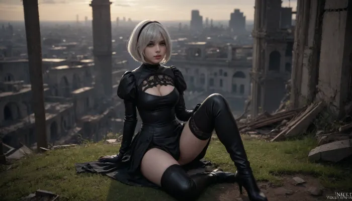 ((2B, YoRHa, NieR, nier automata)), 4K resolution, full-length, sitting, (1 girl), pale skin, detailed image, realistic face, smile, slender figure, anime style, subdued lighting, soft light, looking at viewer, ruined city, ruins overgrown with grass, black dress in a Gothic style, black thigh-high stockings, long leather thigh-high boots, <lora:2b_nier_automata:2>