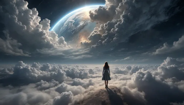 look from orbit to earth, dramatic fractal clouds, drifting girl, land is cvered by microchip details