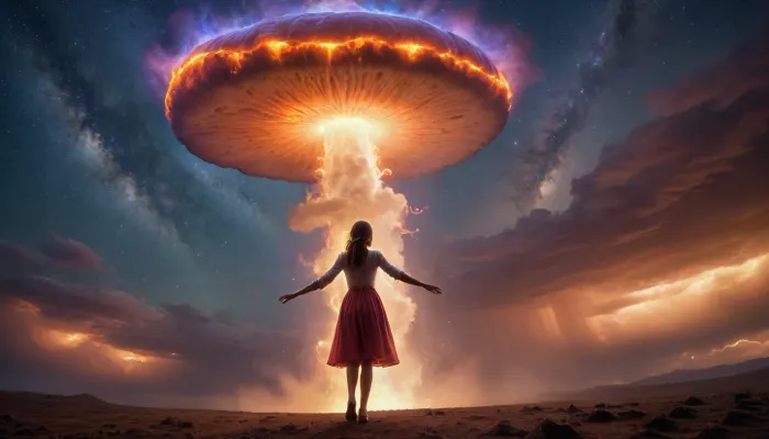 dancing beatiful glowing young preist, fire mushroom tornado from ocen raibow auras and dramatic louds, milky way