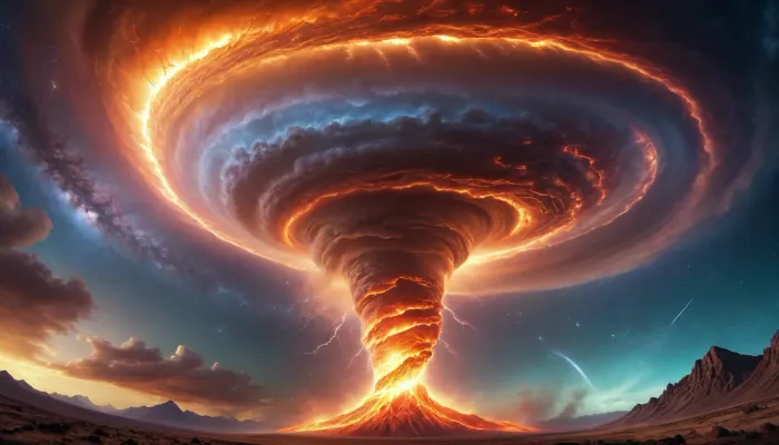 fire tornado from ocen raibow auras and dramatic louds, milky way