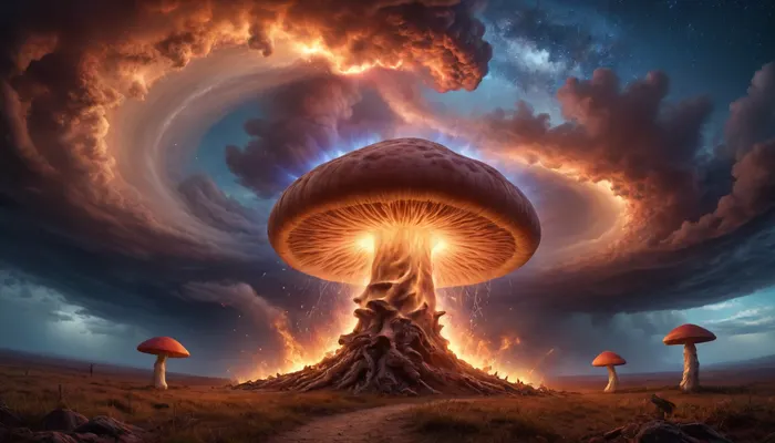 fire mushroom tornado from ocen raibow auras and dramatic louds, milky way