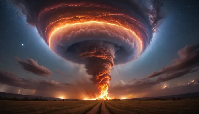 fire tornado from ocen raibow auras and dramatic louds, milky way