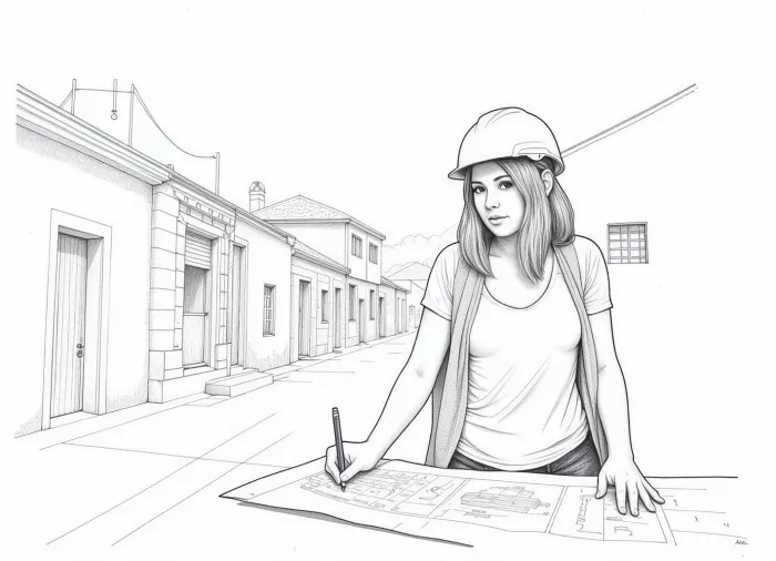 black and white pencil image in the style of a line sketch consisting only of thin lines, flat line image depicting a woman architect in a construction helmet drawing a plan of an old city block on a sheet of paper with a pencil, line sketch consisting of lines of different thicknesses and shading of different densities