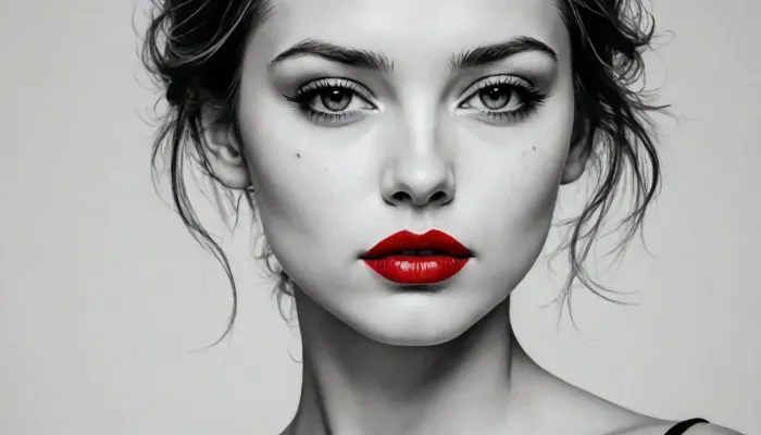 Minimalistic, ((pen and ink art)), on paper, b/w, red paint on lips, depicts a young woman, exquisitely portrayed with graceful lines and subtle curves. Her face is a captivating blend of vulnerability and strength. The reduced canvas emphasizes her presence. profil view. /©KlTTY-ART/