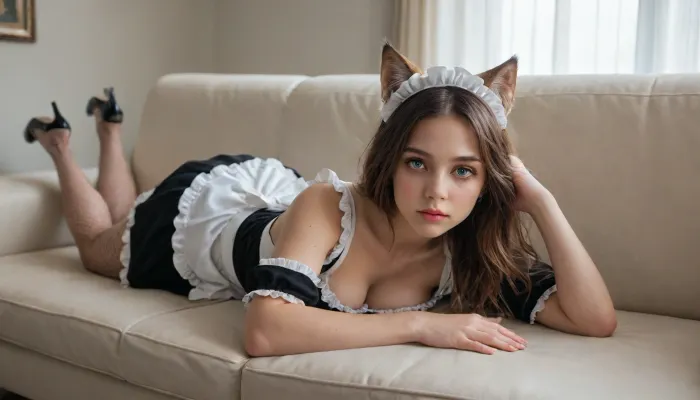 1woman, ((20 yo)), solo, ((fishnet, maid outfit)), no panties, medium breasts, cleavage, long legs, high heels, (view of full body), (pink nylons), fox ears, blush, RealNylonFeets, looking at viewer, (seductively, lying on a couch), (((heterochromia))), (extremely intricate and detailed, highly detailed eyes, high resolution eyes, high quality eyes, long, brown hair, highly detailed hair), (masterpiece, sharp focus, award winning, cinematic lighting, warm glow lighting face), (symmetric eyes, matching eyes, detailed eyes, detailed iris, detailed pupils, limbal ring around iris, perfectly round iris, perfectly round pupils), (expressive eyes, striking eyes, captivating eyes), ((pink, maid dress)), <lora:xl_cute_maid_dress-1.0:.2>, <lora:ortega_sdxxxl_dh128_v1:.8>, <lora:RealNylonFeets_XL:1.2>