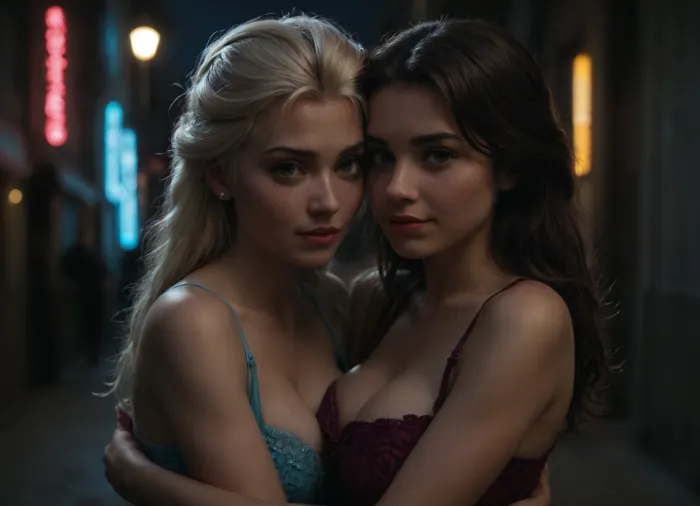 mature disney princesses, best friends, side hug, elsa from Frozen, belle from beauty and the beast, natural firm breasts, cleavage, horny, shy, excited, submissive, they want to fuck me, I want to fuck them, eye contact, dark busy rave, bright colorful neon lights, Neon, Night, page, <lora:dark:.4>, <lora:Neon Night:.8>