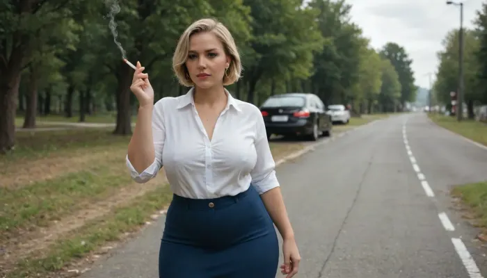 hdmi image, German Mature futa, blonde futa, blue eyes, short haircut, saggy round tits, thick body, big hips, thick thighs, thick cock, golden earrings, holding one cigarette, (hand raised), she wears office a white shirt and a blue skirt, She stands outside the car, (a Black SUV), road side, grass and trees in the distance