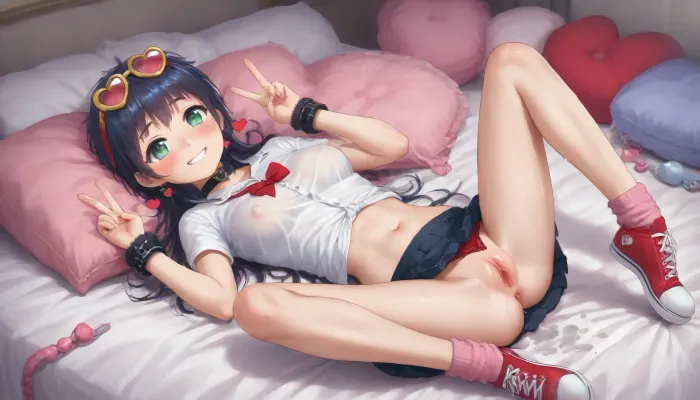 1 woman, perfect face, green eyes, POV, black hair, black ponytail, fuzzy cuffs, (black arm and leg cuffs:1.5), great abs, great body, (c-cup), short white shirt, (breasts exposed:1.5), heart sunglasses, red converse, pink socks, heart pillows, sex toy on bed, (dripping pussy wet:1.3), black pleated skirt, red panties on bed, red hair band, black collars, on back with leg spread, looking up at the camera, smile, happy, closeup of face, full body, peace sign, (kawaii:1.2), (cartoon hearts around head:1.5), <lora:SDXL_BetterFaces-LoRA_v1:2>, <lora:ruru.XL_1.3.7_merge:.8>, NEGATIVE_HANDS