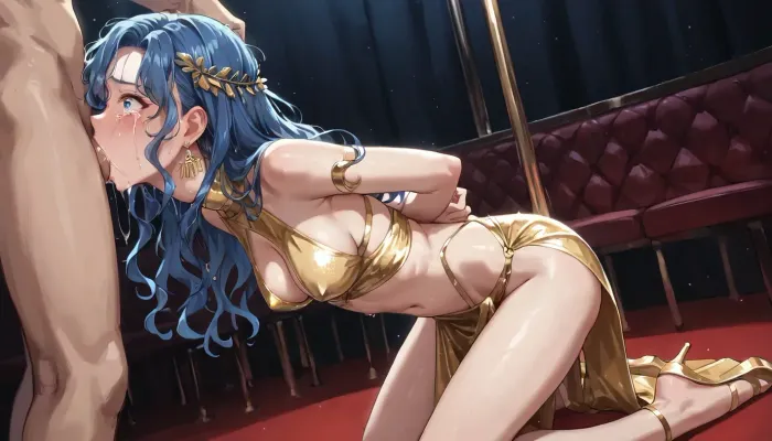 best quality, anime, 20 year old girl with long blue hair, medium breasts, gold stripper clothes, kneeling, hands behind back, (face fuck, deep throat), strip club, afraid, tears