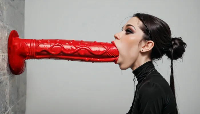 (Skinny long leged:1.1), 18 years, adult, gothic slut, dolls Kill Collection, (Dildo is halfway in throat:1.4), (Both hands grasp the dildo:1.2), mouth full of hyper Red dildo, gigantic throat bulge, hyper throat bulge, extreme hyper neck bulging, bathroom, side view, mouth just the head of the giant dildo in, dildo size of the pic, Dollskill, <lora:Dollskill_Downbeat_Spiked:2>