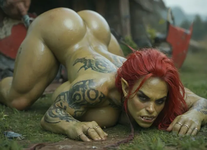 female warrior orc, naked, ((((very green skin))), very muscular, huge natural breasts, very long red hairs, in a battle field, huge axe in her hand, pierced nipples, fangs out, orc fangs, sexy orc face, bigs golden nipples rings, a lot of piercings, pierced clitoris, a lot of orcish tattoos, naked, oily skin, big pussy, piercing, ring, Orc, Shaman, (Orc girl:1.3), (orc face:1.3), (green skin:1.6), axe, and, shield), ((Viewer Holding Leash)), ((disgusted face:1.3)), (upset face:1.3), ((tattoos)), (Oiled body:1.2), ((Ass up)), ((1 woman)), <lora:MJ52:.8>, <lora:add-detail-xl:.8>, <lora:bombshell_v2:.8>, <lora:Holly Halston_SDXL_v1:.4>