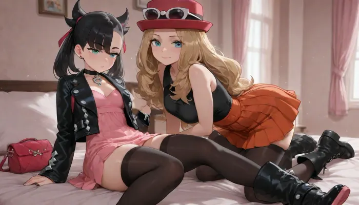 the image shows two girls, (Second girl, 18 years old girl, Marnie from pokemon, A young, slender female character and short, small breasts, a-cup breasts, and teal eyes, wearing a black studded leather jacket over a pink dress with a scalloped hem and matching boots with pink accents, a silver choker necklace, bedroom in background, lies on bed, only 1 girl), (First girl 18 year old girl, serena from pokemon, small breasts, a-cup breast, petite body, A young, slender Caucasian female with long, wavy blonde hair and blue eyes. She is wearing a black short-sleeved top with a small black collar, a pleated orange skirt with two pockets, and black thigh-high stockings. On her feet, she has black sneakers with pink accents. Her accessories include a red hat with white-rimmed sunglasses, a black bracelet on her right wrist, and a large red handbag over her left shoulder. She has a happy and inviting expression, She is wearing a Black black short-sleeved top with a small black collar, Serena from pokemon, background bedroom)