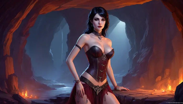 (one woman, Alva from Skyrim, 30 year old, pale skin, small breasts, vampire, black hair, seductive lips, sensual eyes), (inside medieval vampire cave/lair), (wearing skimpy tavern wench corset), (one hand grabbing breast, other hand laying finger on lips/tongue), (artwork, digital painting, concept art, by syd mead, flat colors), <lora:LegendDarkFantasy-000001:.7>