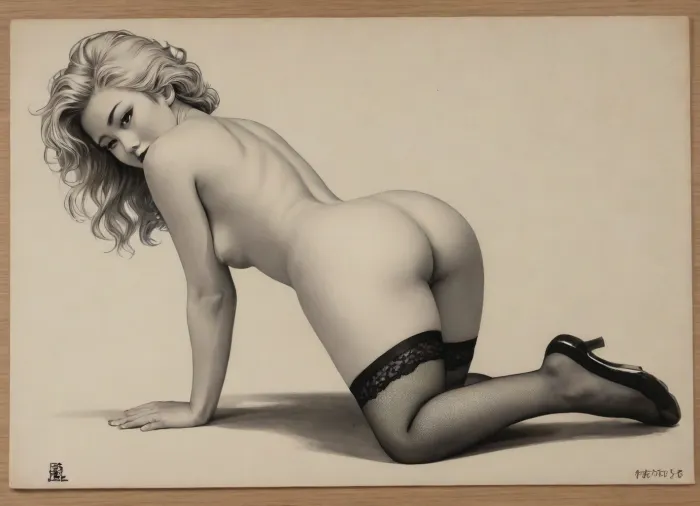 (((Hokusai style monochrome inkwash Wood block print))), of a prostitute. She is nude except for high heels, a mini skirt and fishnet thigh high stockings. Her hair is blonde and worn on s complicated up do style. She crawls on all fours towards the viewer, face down ass up. She has a seductive look on her face as she nibbles her lower lip.