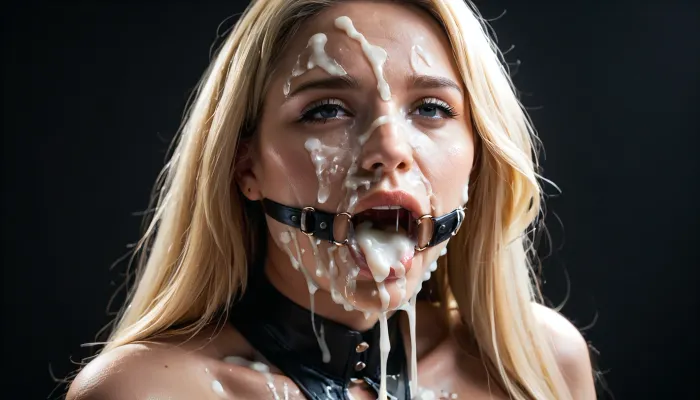 close-up of a white woman's face, (milf:1.18), (wide mouth spreader ring gag:1.2), (extremely long smooth blonde hair:1.5), (Massive ass:1.2), (massive breasts:1), thin waist, topless, black corset, black shimmery pantyhose, gorgeous, black background, black room, (realistic excessive thick runny cum all over her face), licking the dickhead of a white man's penis, (realistic excessive thick runny cum all over her face and body), excessive cum in hair, excessive cum on face, mouthfull of cum, excessive cum dripping out of her closed mouth, nose full of cum, mouth full of cum, lots of very thick cum, loads of cum, woman, on, face, excessive bukkake, cum, facialized, superfacialized, (ejaculation:1.23), (Cum details), realistic cum, Prominent cum, (white cum:1.7), cum on, (Cum flows:1.2), cum on head, (cum on face:1.3), Face covered in cum, (A lot of cum:1.5), vacant look, ..