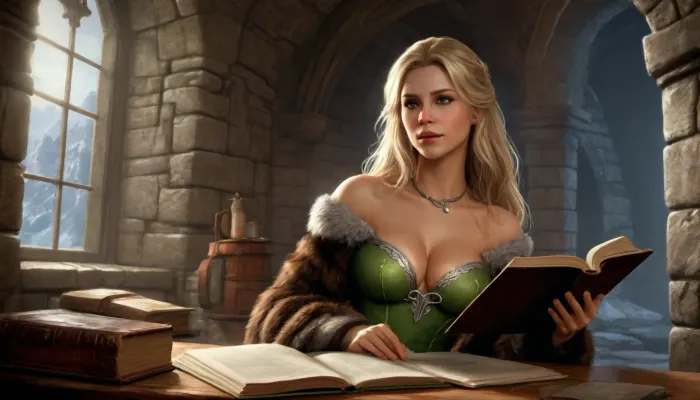 (one woman, Betrid from Skyrim, 30 year old, scandinavian, blonde medium hair, medium breasts, unpleasant face expression), (inside medieval stone house, silver stone walls), (wearing brown fur shawl and noble ornamental green dress topless pulled down exposing breasts), (sitting, holding a book high up in front of her breasts above chest, covering breasts with open book, nipples hidden behind book held up), close-up side view from below, (artwork, digital painting, concept art, by syd mead, flat colors), <lora:LegendDarkFantasy-000001:.1>