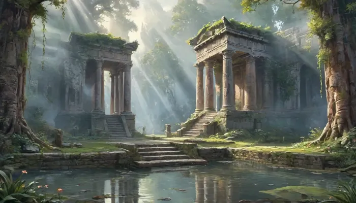 bichu, oil painting, masterpiece, cinematic scene, ancient magical ruins, deep forest, overgrown with vines, crumbling architecture, ornate carvings, glowing sigils, mystical energy, shining pedestals, floating platforms, shining crystals, particle effects, Volumetric light rays, tranquil pond, fireflies, tall lush trees, stepping stones, foggy atmosphere, painterly rendering, extremely detailed elements, photorealistic style, dreamlike lighting, high resolution, depth of field, <lora:oil painting:1.5>