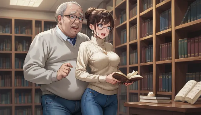 best quality, college student with brown hair in messy bun, glasses, medium breasts, cream colored sweater and blue jeans, backing against bookshelf holding a book, library, fat old man lifting her sweater, scared