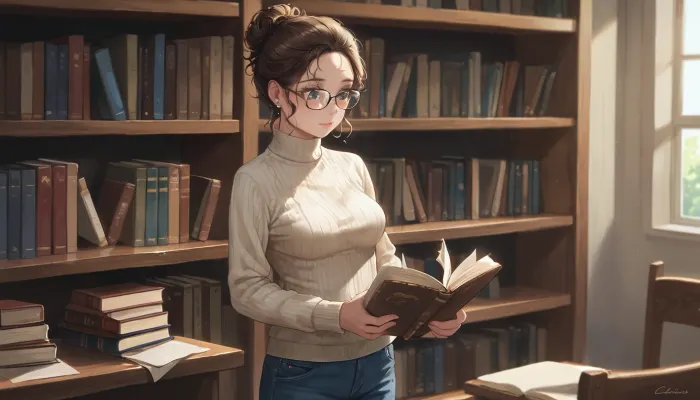 best quality, college student with brown hair in messy bun, glasses, medium breasts, cream colored sweater and blue jeans, standing, reading a book, library