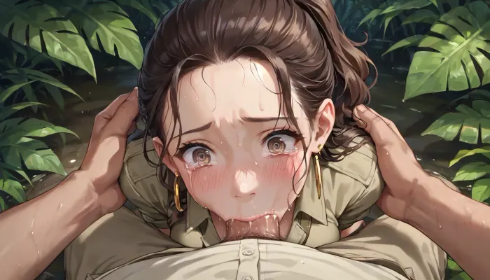 anime, single college woman with brown hair in a ponytail and wearing a khaki safari outfit, slim build, medium breasts, kneeling, hands behind back, (face fuck, deep throat), pov, in the jungle, scared, tears