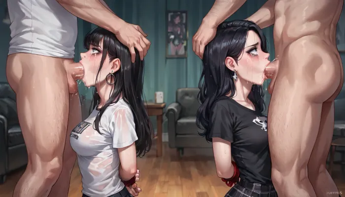 best quality, clean art, (2girls, 2men), goth college students with black hair, medium breasts, t-shirt and miniskirts, hands bound behind back, (back to back, face fuck, deep throat), living room, fucked by old men, humiliated, tears