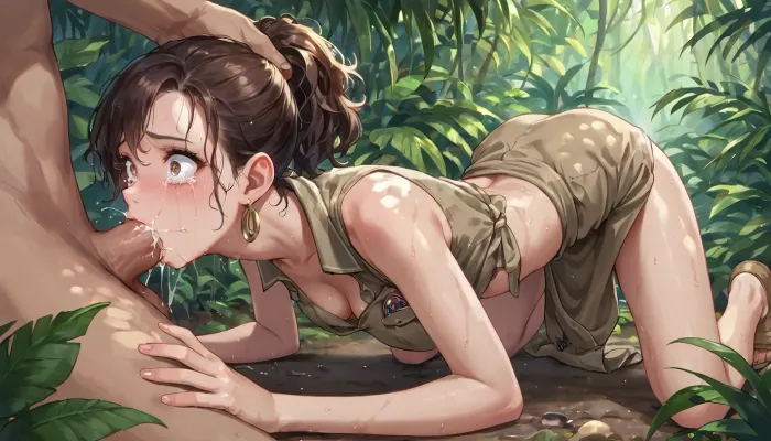 anime, single college woman with brown hair in a ponytail and wearing a khaki safari outfit, slim build, medium breasts, kneeling, on hands and knees, (face fuck, deep throat), in the jungle, scared, tears