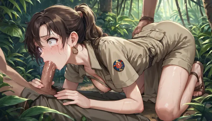 anime, single college woman with brown hair in a ponytail and wearing a khaki safari outfit, slim build, medium breasts, kneeling, on hands and knees, (face fuck, throat fuck), in the jungle, scared, tears