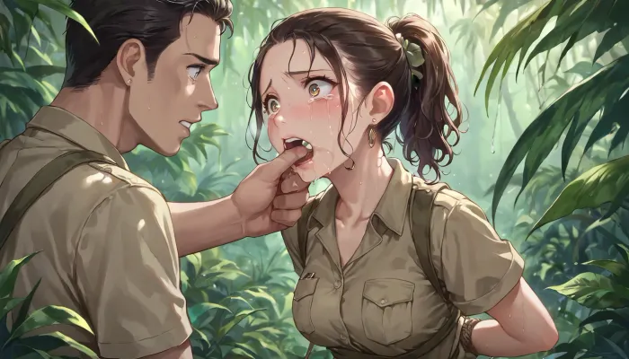 anime, single college woman with brown hair in a ponytail and wearing a khaki safari outfit, slim build, medium breasts, hands behind back, (man’s fingers in her mouth, gagging), in the jungle, scared, tears